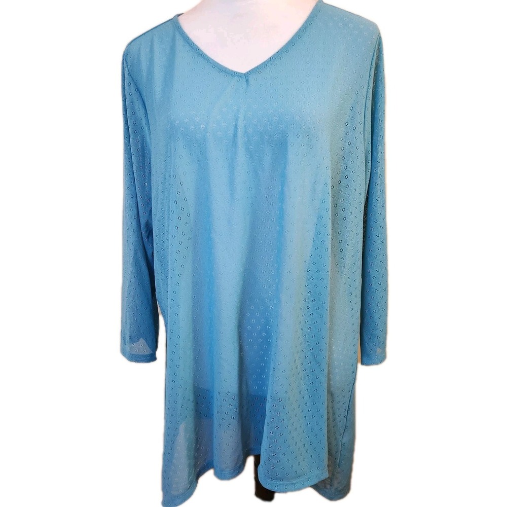 Logo Lori Goldstein Womens Top Size 2X Blue Seafoam Sheer Mesh Beachy Tunic NEW